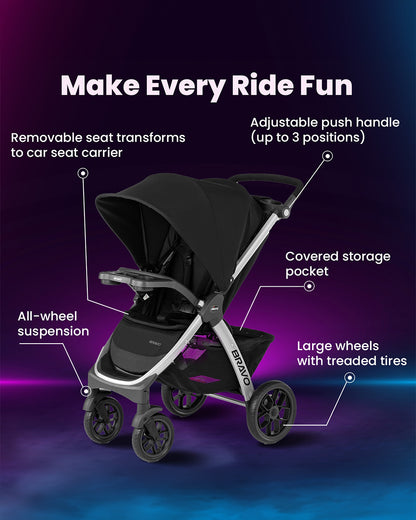 Chicco Bravo Quick Fold Baby Stroller-3 Positions Adjustable Parent Handle Bar-One Hand Fold-With Parent & Child Tray-6 Months Warranty-Pram for 0 to 4Y (Upto 22 Kg)-Black