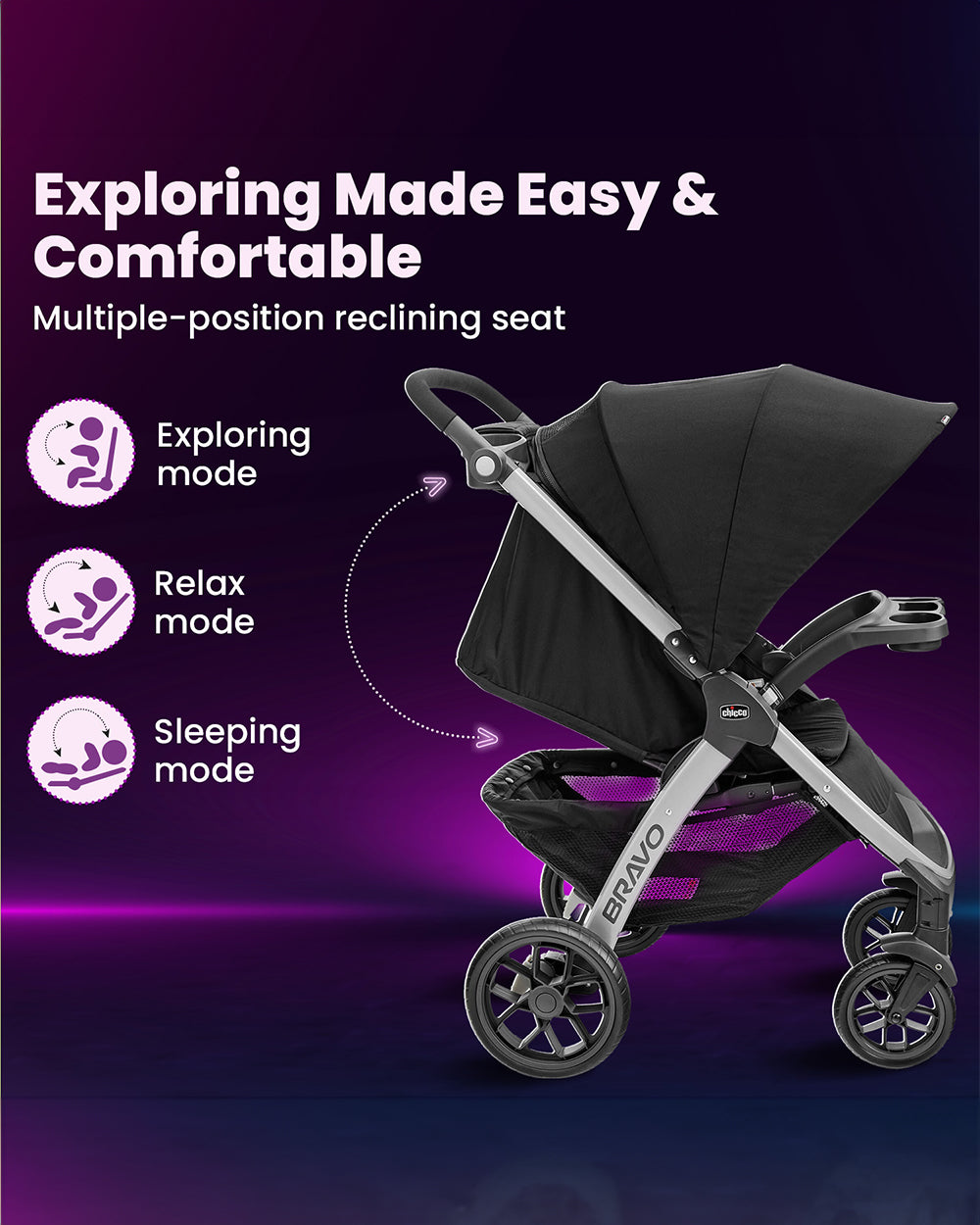 chicco stroller recline Chicco Bravo Quick Fold Baby Stroller-3 Positions Adjustable Parent Handle Bar-One Hand Fold-With Parent & Child Tray-6 Months Warranty-Pram for 0 to 4Y (Upto 22 Kg)-Black-Extra 5% Off – duckduckbaby
