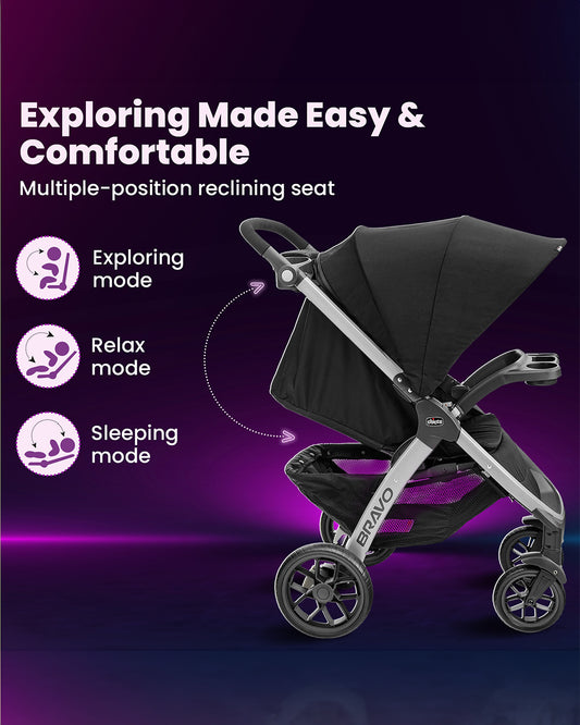 Chicco Bravo Quick Fold Baby Stroller-3 Positions Adjustable Parent Handle Bar-One Hand Fold-With Parent & Child Tray-6 Months Warranty-Pram for 0 to 4Y (Upto 22 Kg)-Black