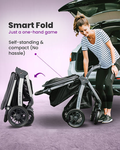 Chicco Bravo Quick Fold Baby Stroller-3 Positions Adjustable Parent Handle Bar-One Hand Fold-With Parent & Child Tray-6 Months Warranty-Pram for 0 to 4Y (Upto 22 Kg)-Black