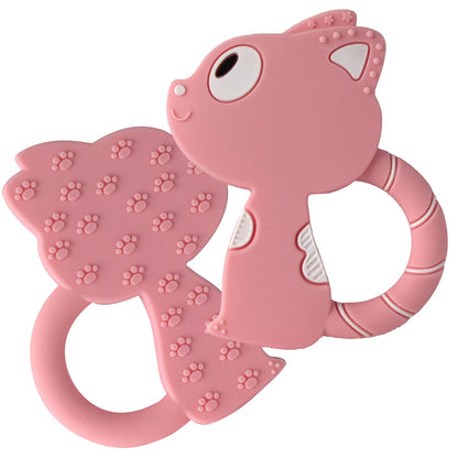 Youstylo Silicone Teether for Babies-Cat Shaped-Pink-With Multiple Ridged Surface