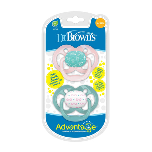 Dr. Brown's Advantage Pacifiers-With Round Silicone Bulb-Pink & Green-Pack of 2-Soother