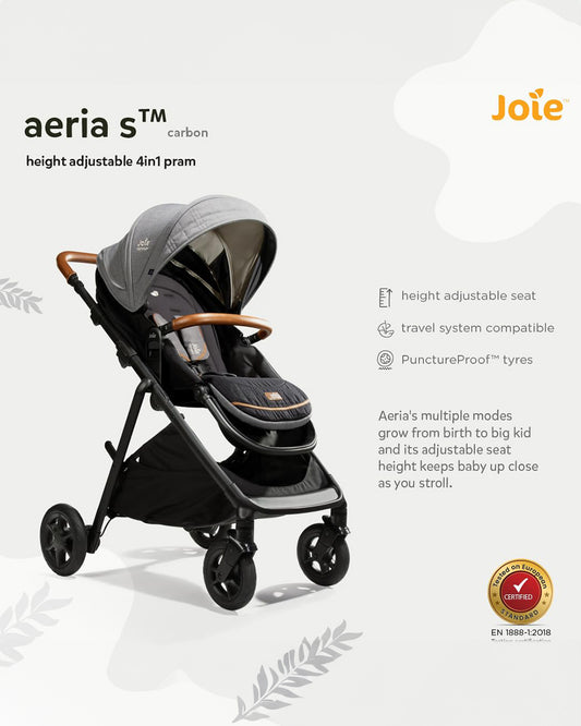 Joie Aeria Baby Stroller-Reversible Seat-Height Adjustable Seat-Pram for 0M+ (Upto 22 Kg)-Carbon