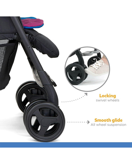 Joie Aire Twin Baby Stroller-Reversible Seat Liners-Automatic Fold Lock-Pram for 0 to 3Y (Upto 15 Kg Each Seat)-Rosy & Sea