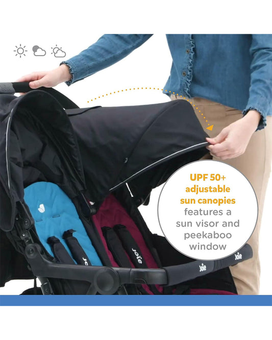 Joie Aire Twin Baby Stroller-Reversible Seat Liners-Automatic Fold Lock-Pram for 0 to 3Y (Upto 15 Kg Each Seat)-Rosy & Sea