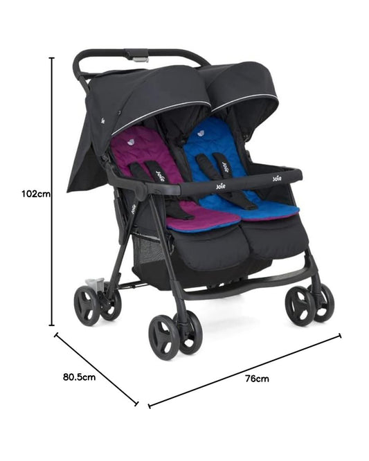 Joie Aire Twin Baby Stroller-Reversible Seat Liners-Automatic Fold Lock-Pram for 0 to 3Y (Upto 15 Kg Each Seat)-Rosy & Sea