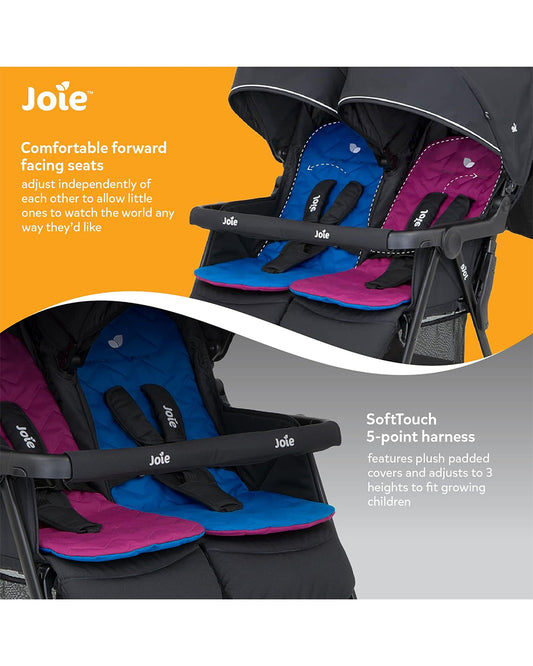 Joie Aire Twin Baby Stroller-Reversible Seat Liners-Automatic Fold Lock-Pram for 0 to 3Y (Upto 15 Kg Each Seat)-Rosy & Sea