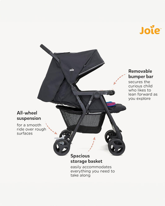 Joie Aire Twin Baby Stroller-Reversible Seat Liners-Automatic Fold Lock-Pram for 0 to 3Y (Upto 15 Kg Each Seat)-Rosy & Sea