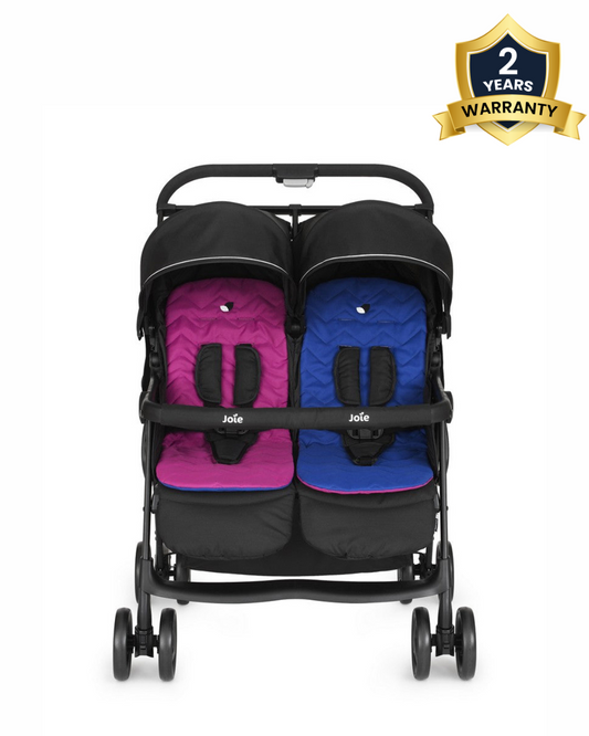 Joie Aire Twin Baby Stroller-Reversible Seat Liners-Automatic Fold Lock-Pram for 0 to 3Y (Upto 15 Kg Each Seat)-Rosy & Sea