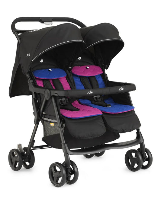 Joie Aire Twin Baby Stroller-Reversible Seat Liners-Automatic Fold Lock-Pram for 0 to 3Y (Upto 15 Kg Each Seat)-Rosy & Sea