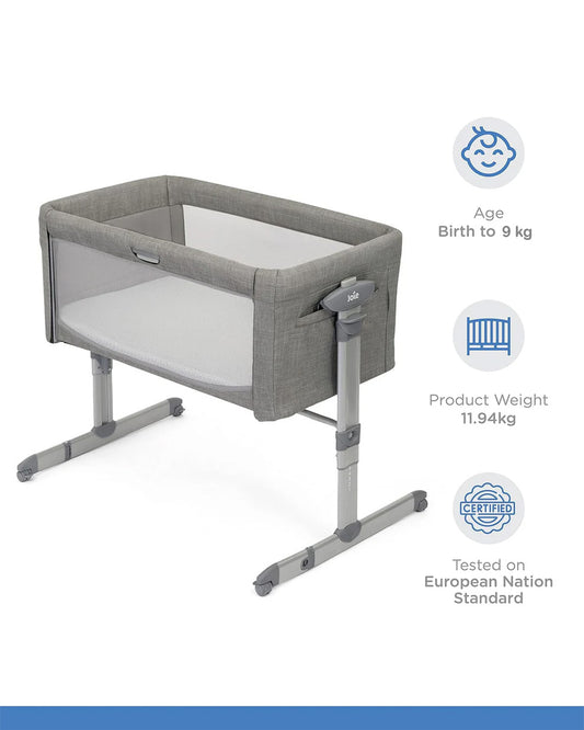 Joie Roomie Glide Sleep Crib-With Both Side Mesh Windows & Removable Mattress-11 Height Adjustments-Single Hand Glide-With 4 Lockable Wheels-Compact & Easy For Travel-Foggy Grey-For Infants