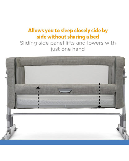 Joie Roomie Glide Sleep Crib-With Both Side Mesh Windows & Removable Mattress-11 Height Adjustments-Single Hand Glide-With 4 Lockable Wheels-Compact & Easy For Travel-Foggy Grey-For Infants