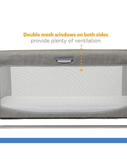 Joie Roomie Glide Sleep Crib-With Both Side Mesh Windows & Removable Mattress-11 Height Adjustments-Single Hand Glide-With 4 Lockable Wheels-Compact & Easy For Travel-Foggy Grey-For Infants