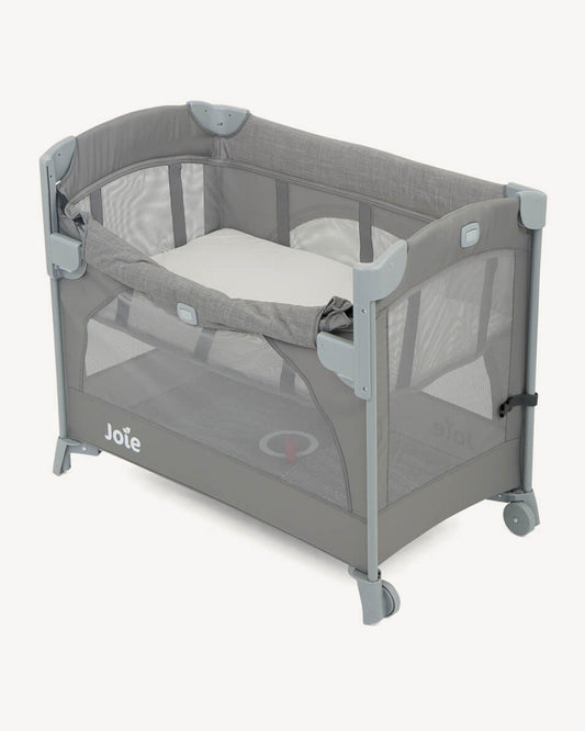 Joie Kubbie Sleep Bedside Crib & Travel Cot-With Removable Mattress-Compact Fold-Includes Travel Bag-Foggy Grey-For 0 to 36M