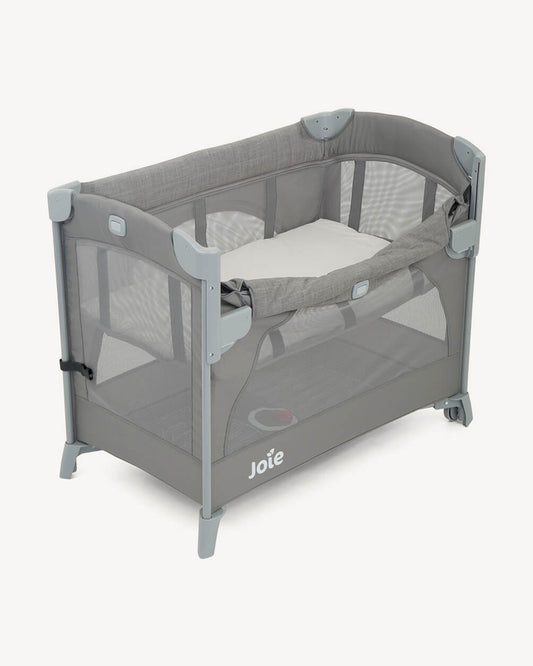 Joie Kubbie Sleep Bedside Crib & Travel Cot-With Removable Mattress-Compact Fold-Includes Travel Bag-Foggy Grey-For 0 to 36M