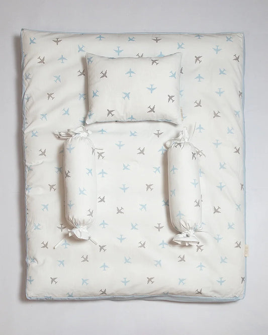 Aariro Silk Cotton Baby Bedding Set-Dream Big-White & Sky Blue-For Infants