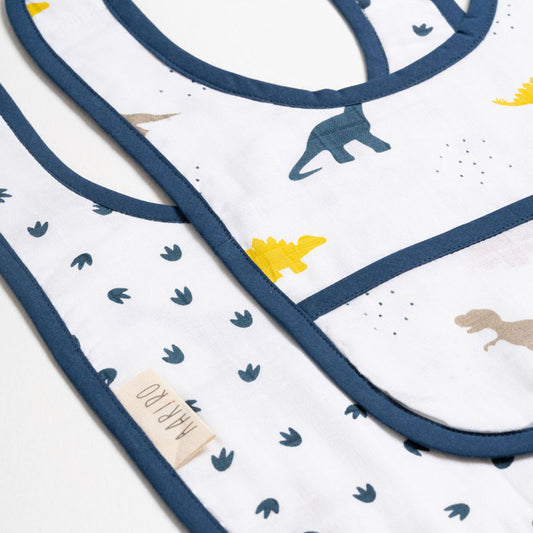 Aariro Organic Cotton Classic Muslin Bib-Multi Layered & Reversible-Little Dino-For Infants