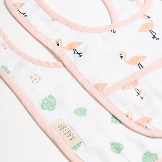 Aariro Organic Cotton Classic Muslin Bib-Multi Layered & Reversible-Tropical Flamingo-For Infants