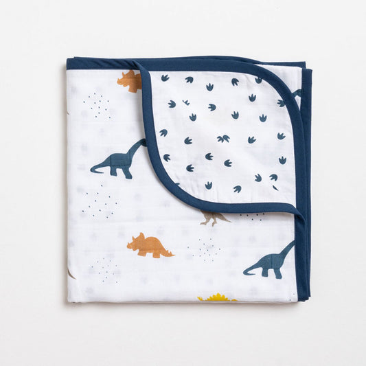 Aariro Reversible Muslin Blanket-Little Dino-Organic Cotton-White & Blue-For Infants