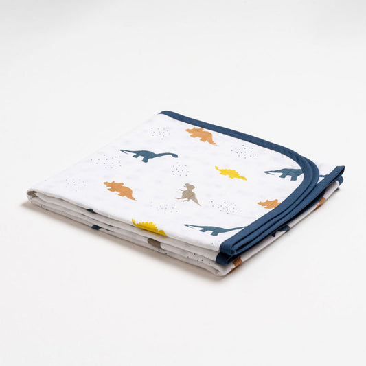 Aariro Reversible Muslin Blanket-Little Dino-Organic Cotton-White & Blue-For Infants