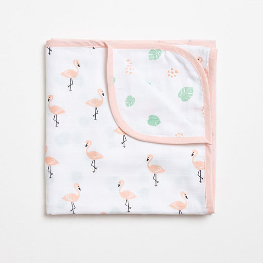 Aariro Reversible Muslin Blanket-Tropical Flamingo-Organic Cotton-White & Orange-For Infants