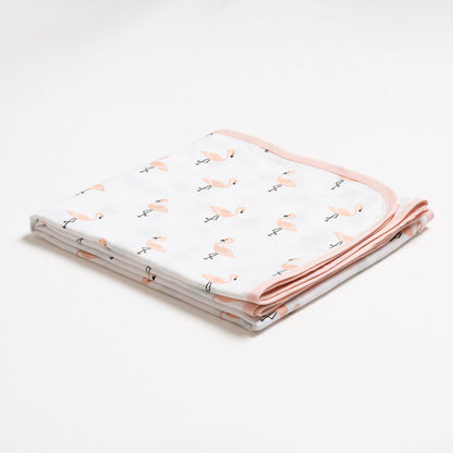 Aariro Reversible Muslin Blanket-Tropical Flamingo-Organic Cotton-White & Orange-For Infants