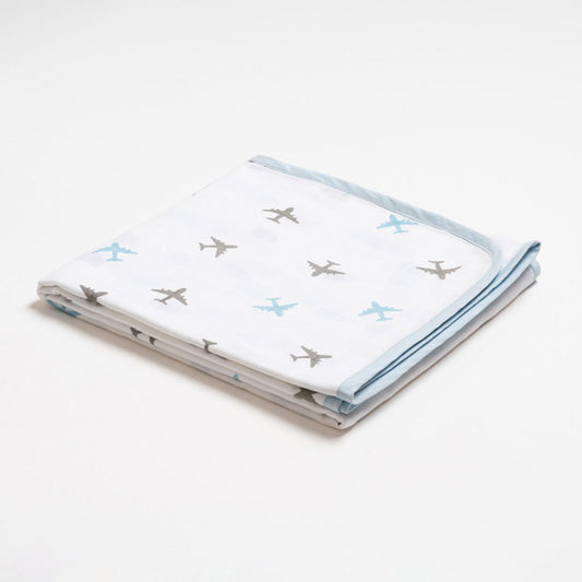 Aariro Reversible Muslin Blanket-Dream Big-Organic Cotton-White & Sky Blue-For Infants