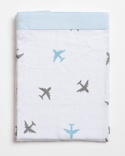 Aariro White & Blue Aeroplane Print Nursing Cover-Organic Cotton-Free Size