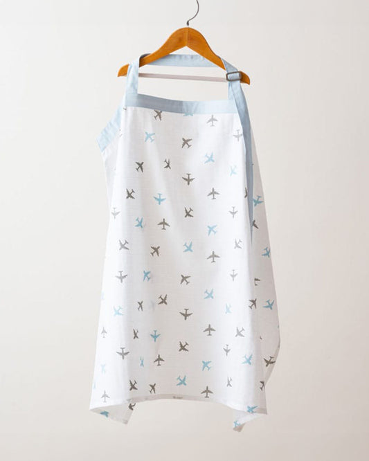 Aariro White & Blue Aeroplane Print Nursing Cover-Organic Cotton-Free Size