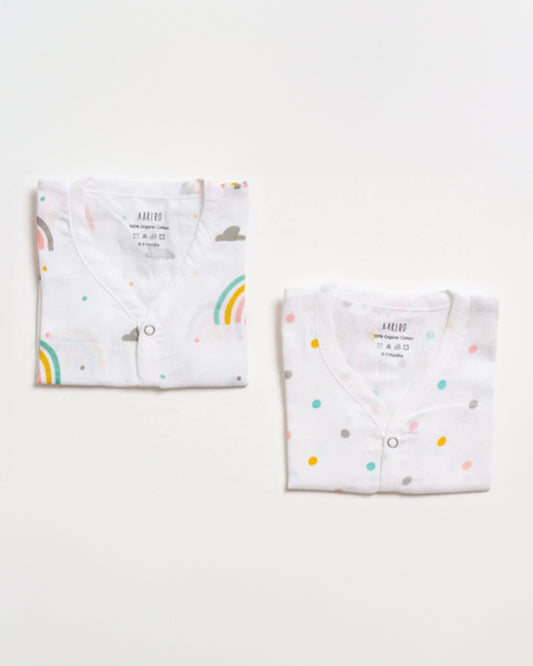 Aariro White Jhabla-Rainbow Print-Organic Cotton-Pack of 2-For Infants