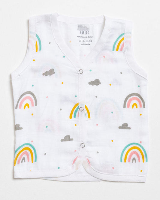 Aariro White Jhabla-Rainbow Print-Organic Cotton-Pack of 2-For Infants