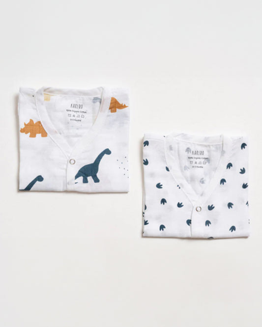 Aariro White Jhabla-Dinosaur Print-Organic Cotton-Pack of 2-For Infants