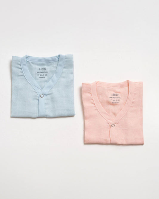 Aariro Blue & Pink Jhabla-Solid-Organic Cotton-Pack of 2-For Infants