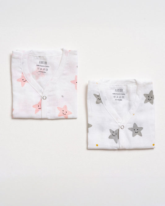 Aariro White Jhabla-Star Print-Organic Cotton-Pack of 2-For Infants