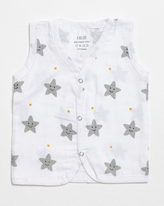 Aariro White Jhabla-Star Print-Organic Cotton-Pack of 2-For Infants