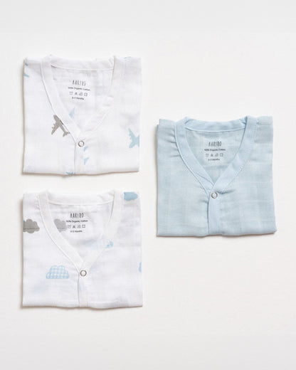 Aariro White & Blue Jhabla-Aeroplane and Cloud Print-Organic Cotton-Pack of 3-For Infants