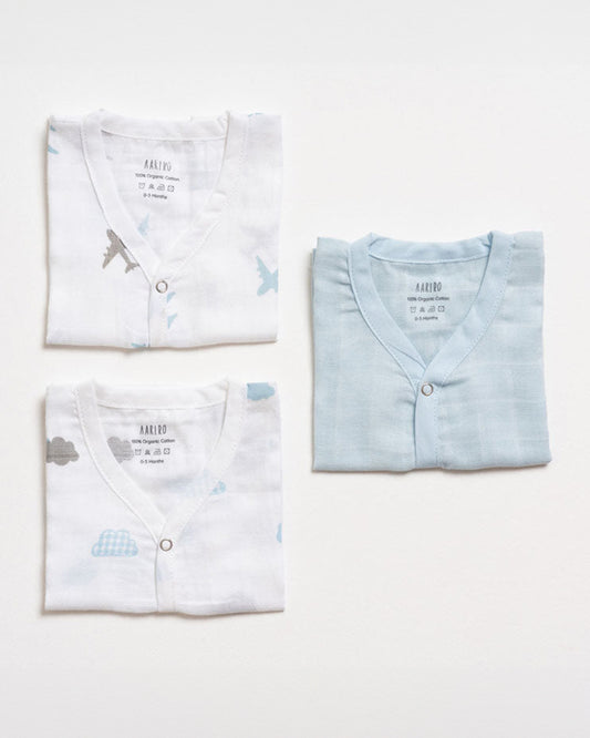 Aariro White & Blue Jhabla-Aeroplane and Cloud Print-Organic Cotton-Pack of 3-For Infants