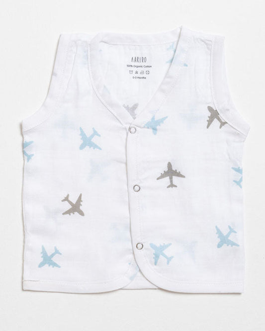 Aariro White & Blue Jhabla-Aeroplane and Cloud Print-Organic Cotton-Pack of 3-For Infants