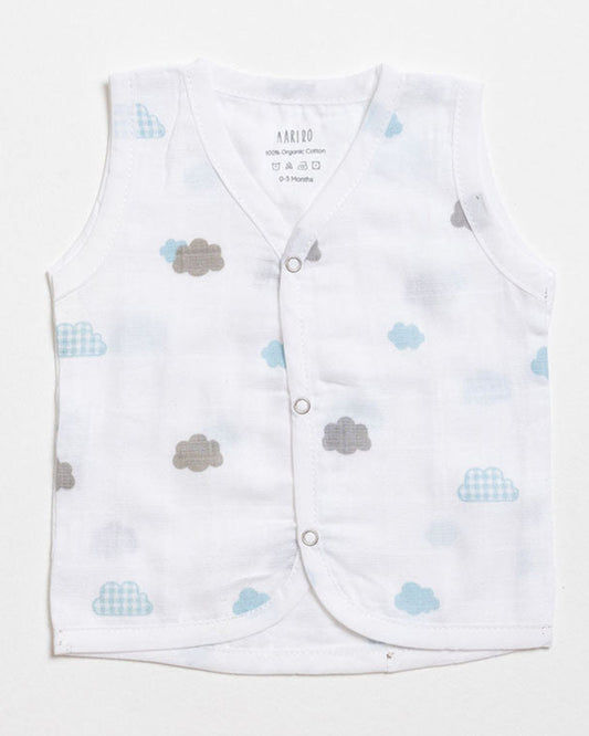 Aariro White & Blue Jhabla-Aeroplane and Cloud Print-Organic Cotton-Pack of 3-For Infants