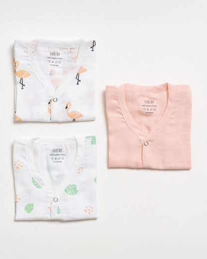 Aariro White & Pink Jhabla-Flamingo and Leaves Print-Organic Cotton-Pack of 3-For Infants