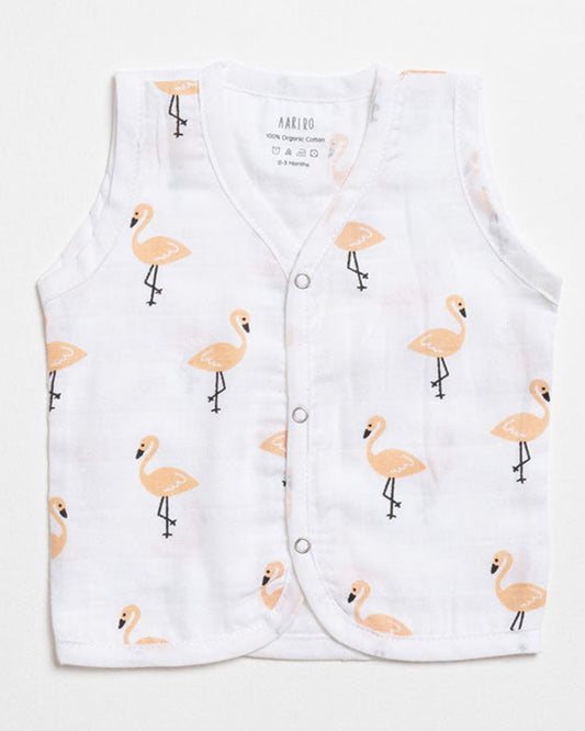 Aariro White & Pink Jhabla-Flamingo and Leaves Print-Organic Cotton-Pack of 3-For Infants