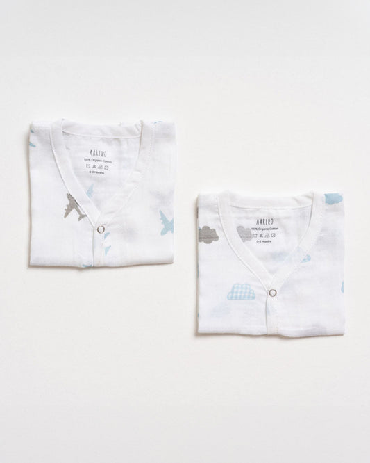 Aariro White Jhabla-Aeroplane and Cloud Print-Organic Cotton-Pack of 2-For Infants