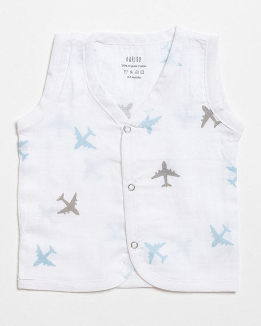 Aariro White Jhabla-Aeroplane and Cloud Print-Organic Cotton-Pack of 2-For Infants