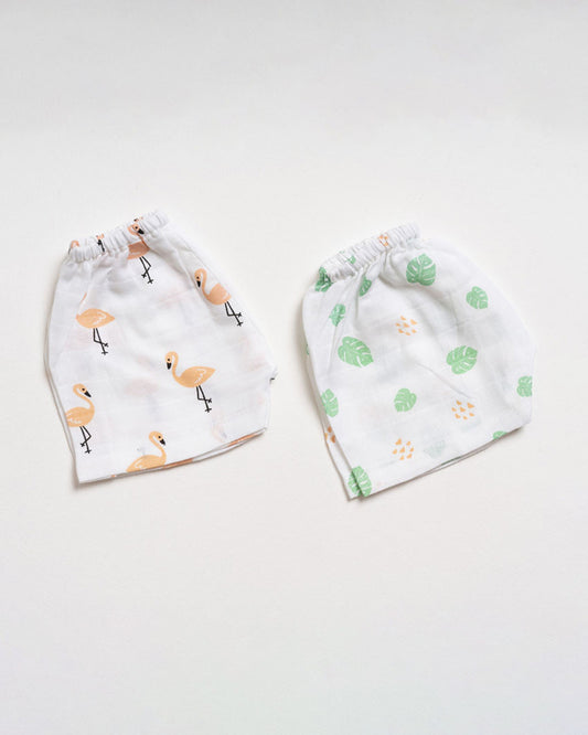 Aariro White Shorts-Flamingo and Leaves Print-Organic Cotton Muslin-Pack of 2-For Infants
