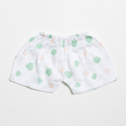 Aariro White Shorts-Flamingo and Leaves Print-Organic Cotton Muslin-Pack of 2-For Infants