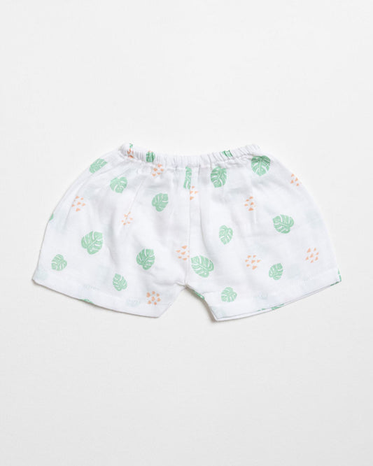 Aariro White Shorts-Flamingo and Leaves Print-Organic Cotton Muslin-Pack of 2-For Infants