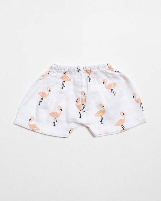 Aariro White Shorts-Flamingo and Leaves Print-Organic Cotton Muslin-Pack of 2-For Infants