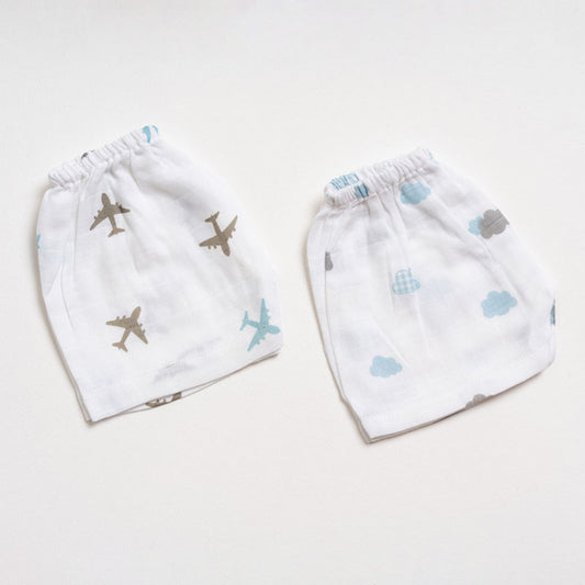 Aariro White Shorts-Aeroplane and Cloud Print-Organic Cotton Muslin-Pack of 2-For Infants