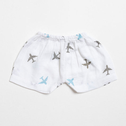 Aariro White Shorts-Aeroplane and Cloud Print-Organic Cotton Muslin-Pack of 2-For Infants