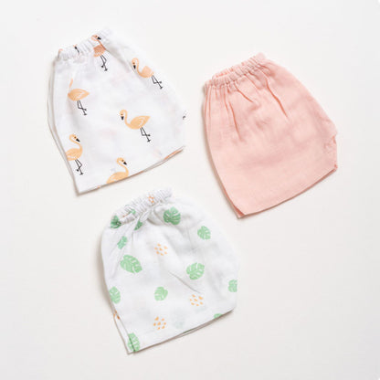 Aariro White & Pink Shorts-Flamingo and Leaves Print-Organic Cotton Muslin-Pack of 3-For Infants